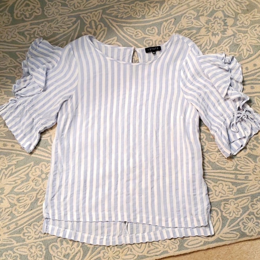 1. STATE baby blue and  white bell sleeve top. 100% Rayon. Size medium